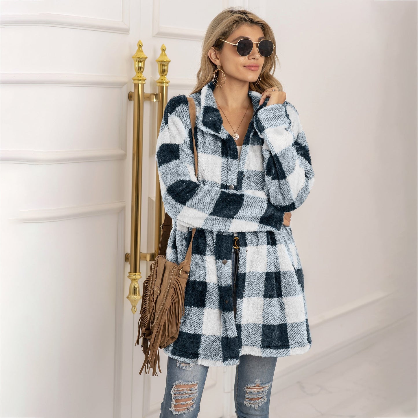 Colorblock Checkered Fleece Jacket