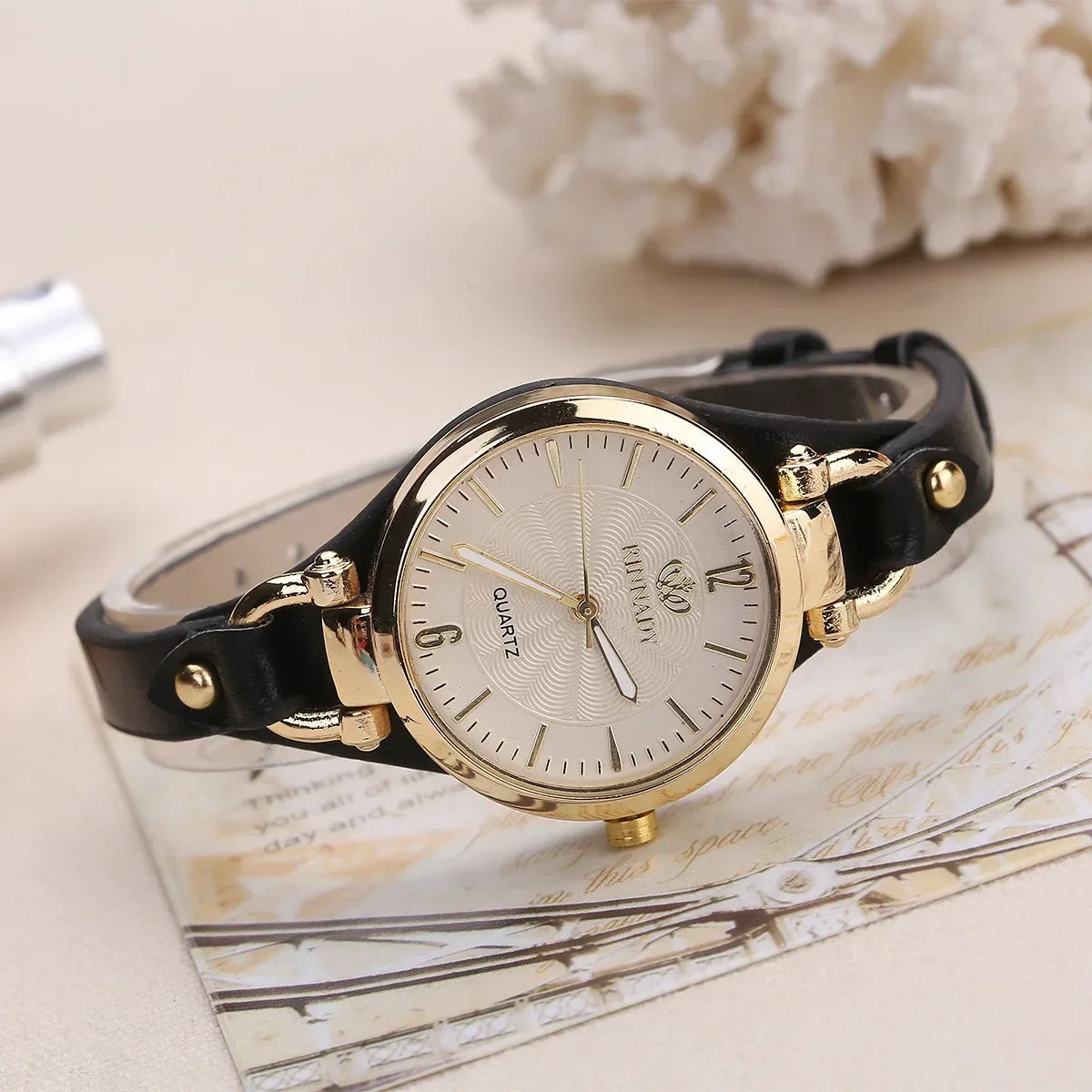 Sophie Elegant Watch in Vegan Leather and Gold Steel