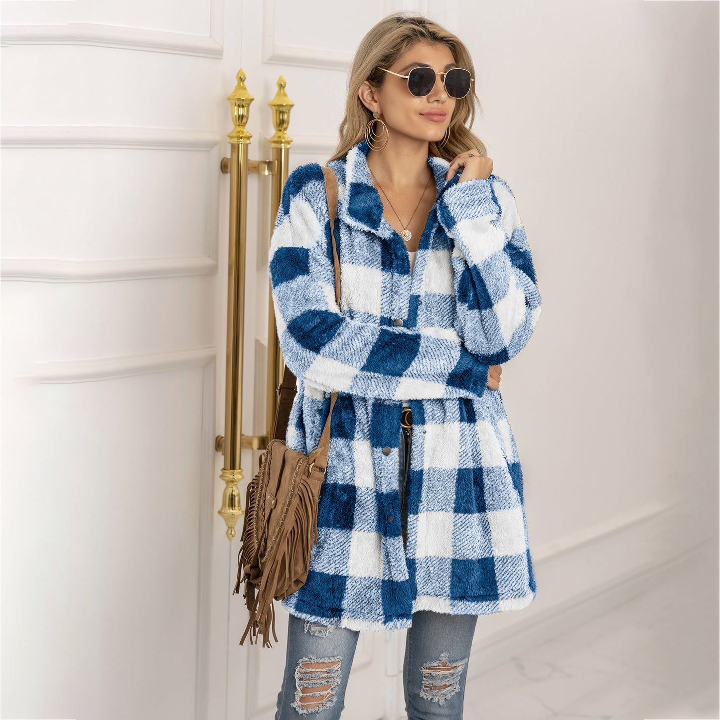 Colorblock Checkered Fleece Jacket