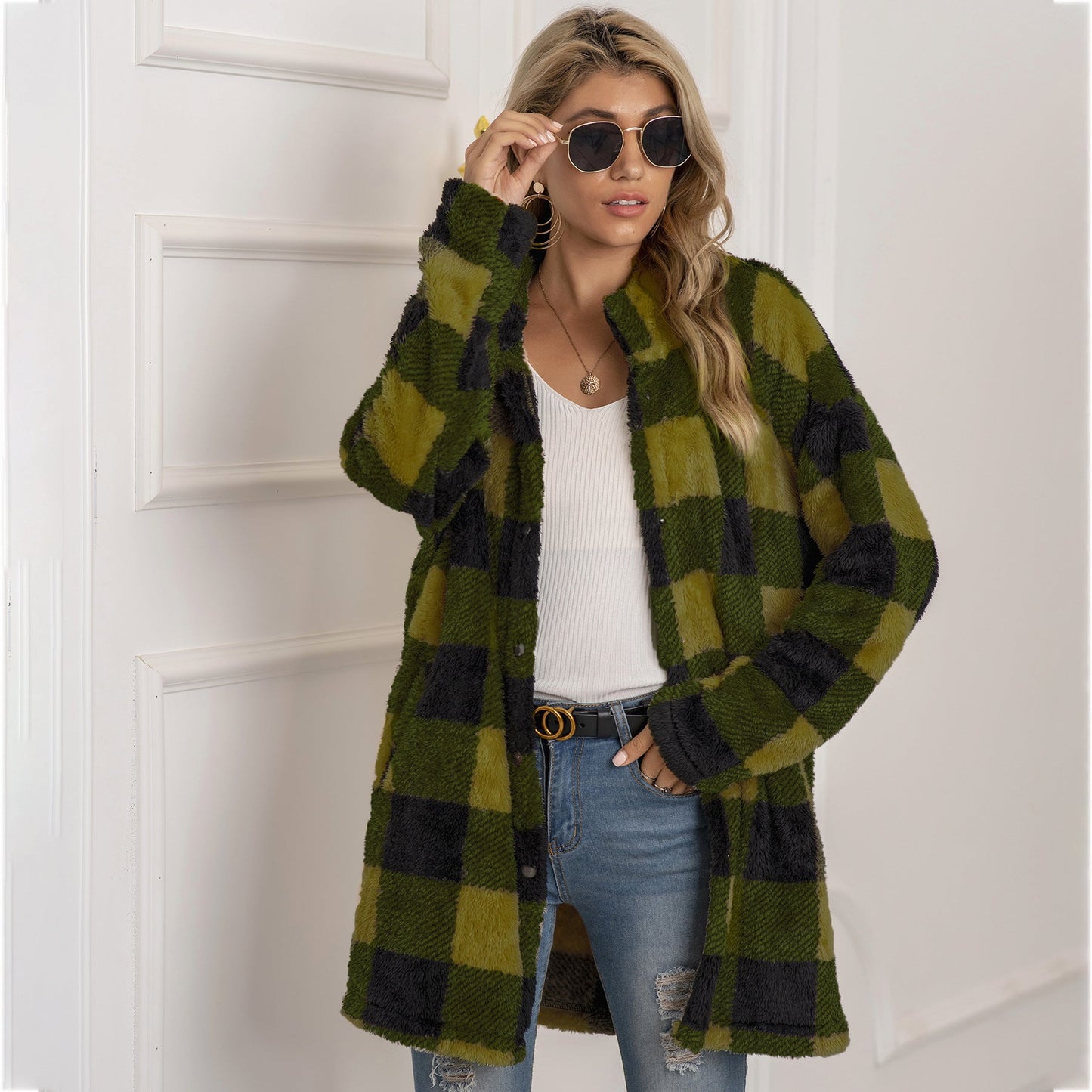 Colorblock Checkered Fleece Jacket