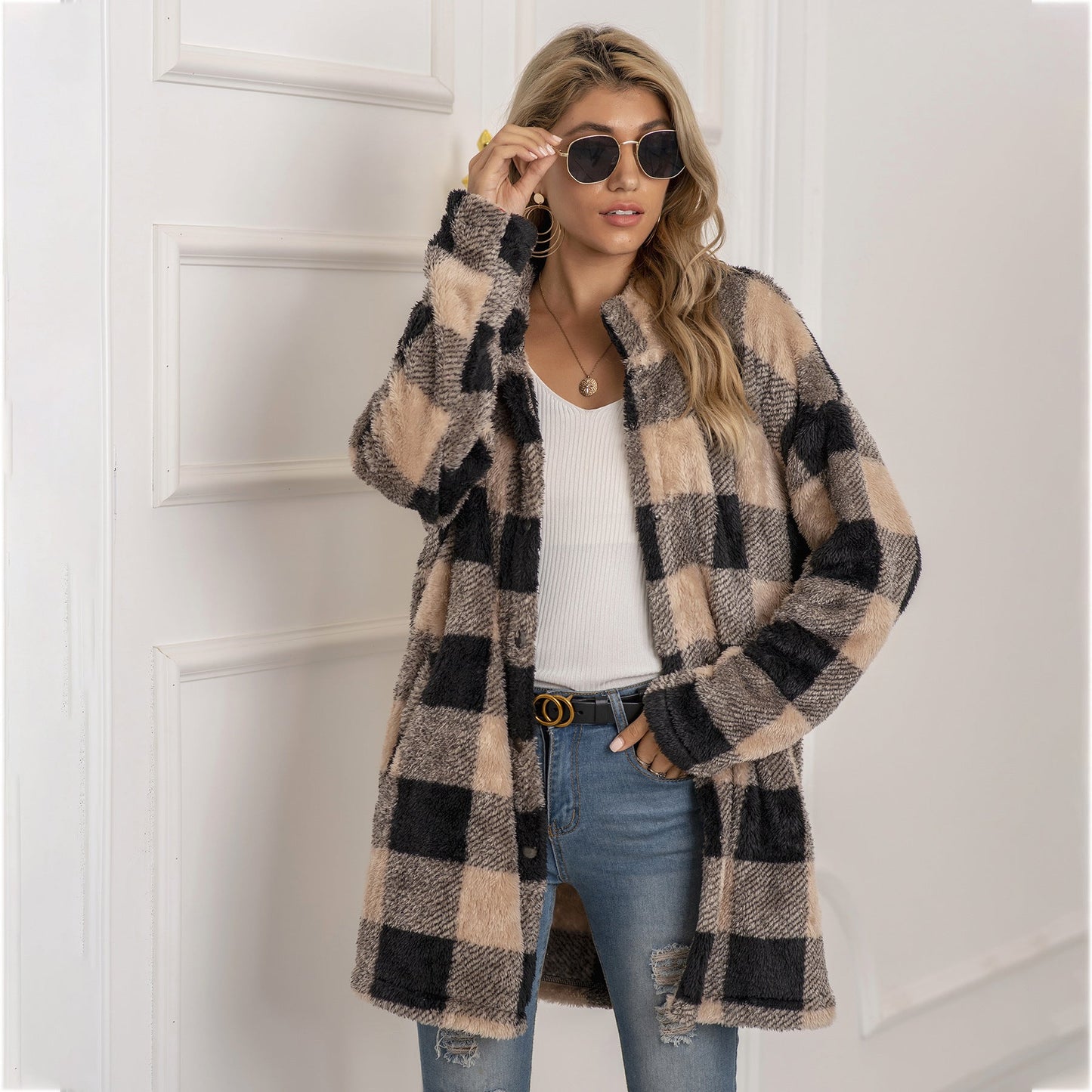 Colorblock Checkered Fleece Jacket