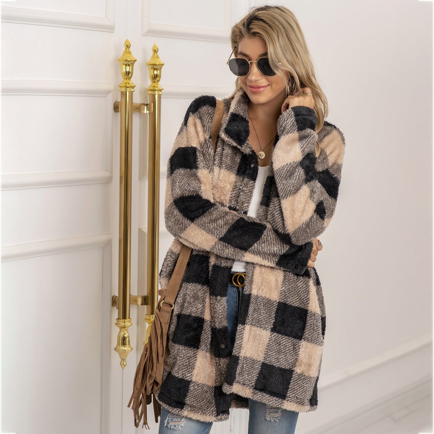 Colorblock Checkered Fleece Jacket
