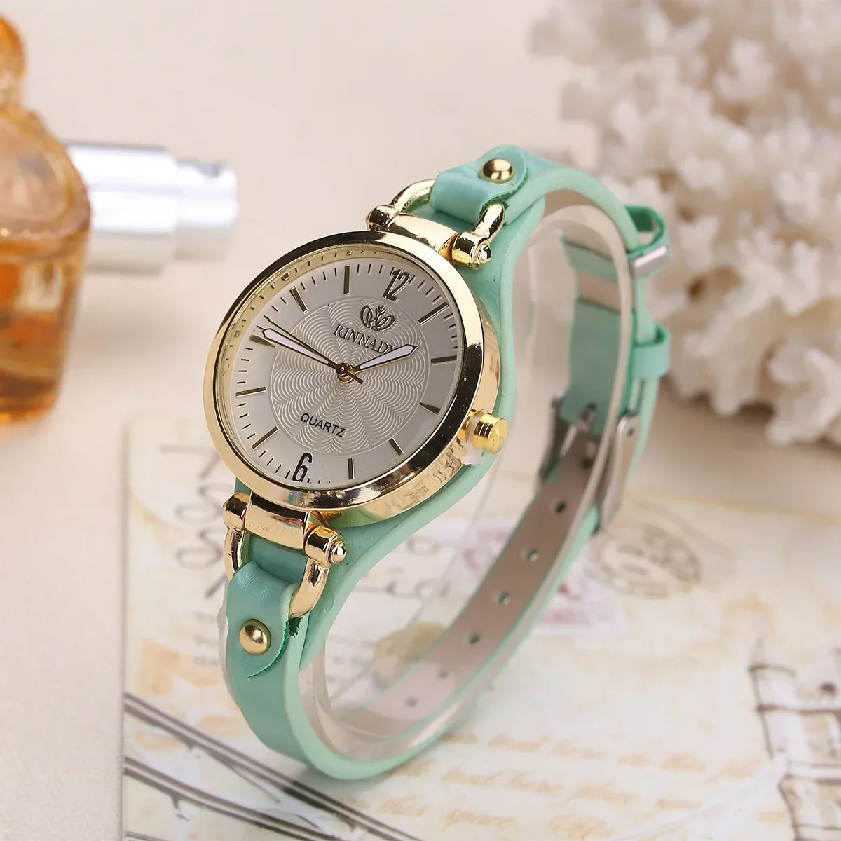 Sophie Elegant Watch in Vegan Leather and Gold Steel