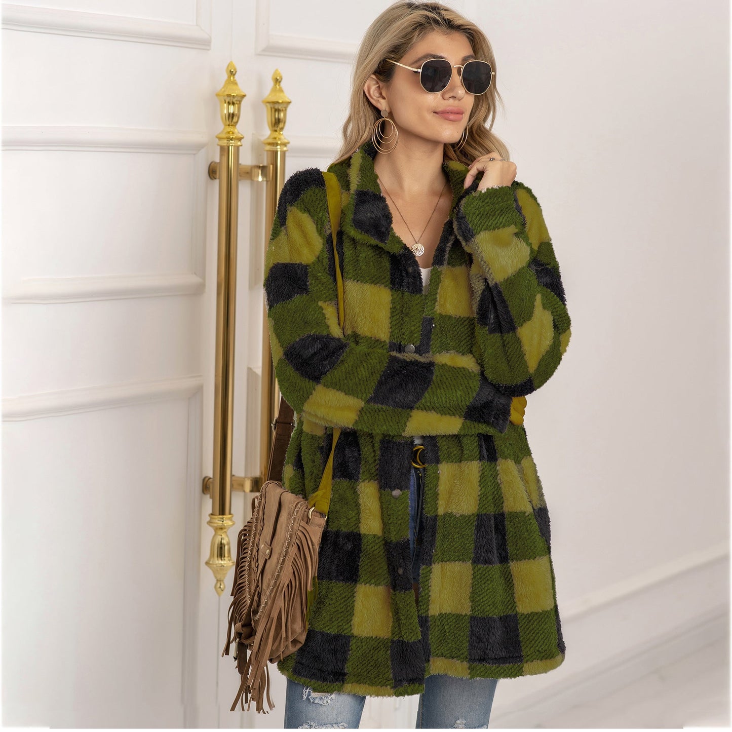 Colorblock Checkered Fleece Jacket