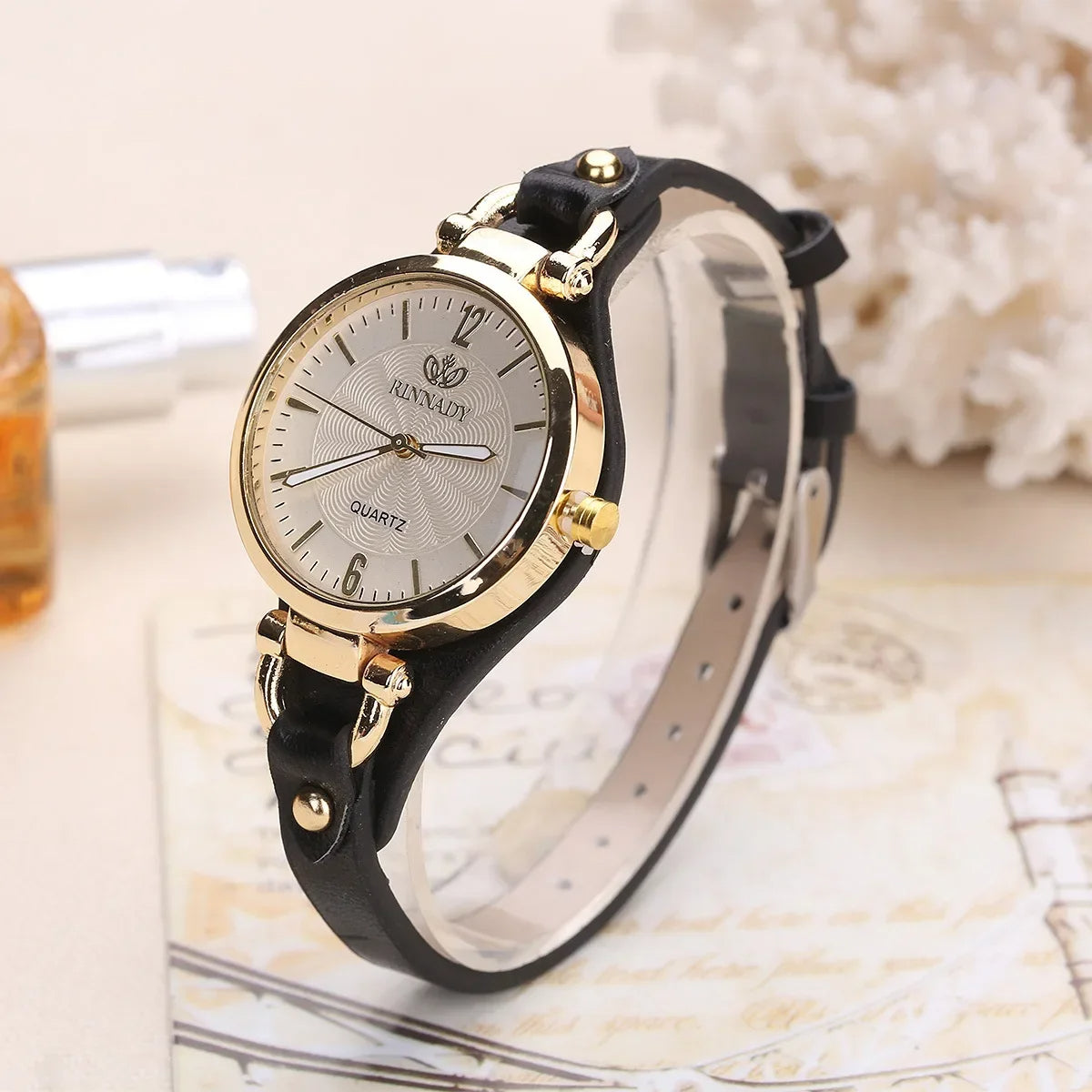 Sophie Elegant Watch in Vegan Leather and Gold Steel