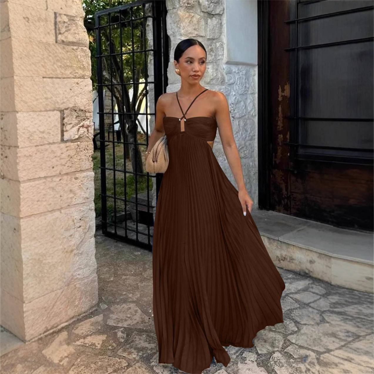 Clémence – Robe Longue Plissée à Bustier Croisé
