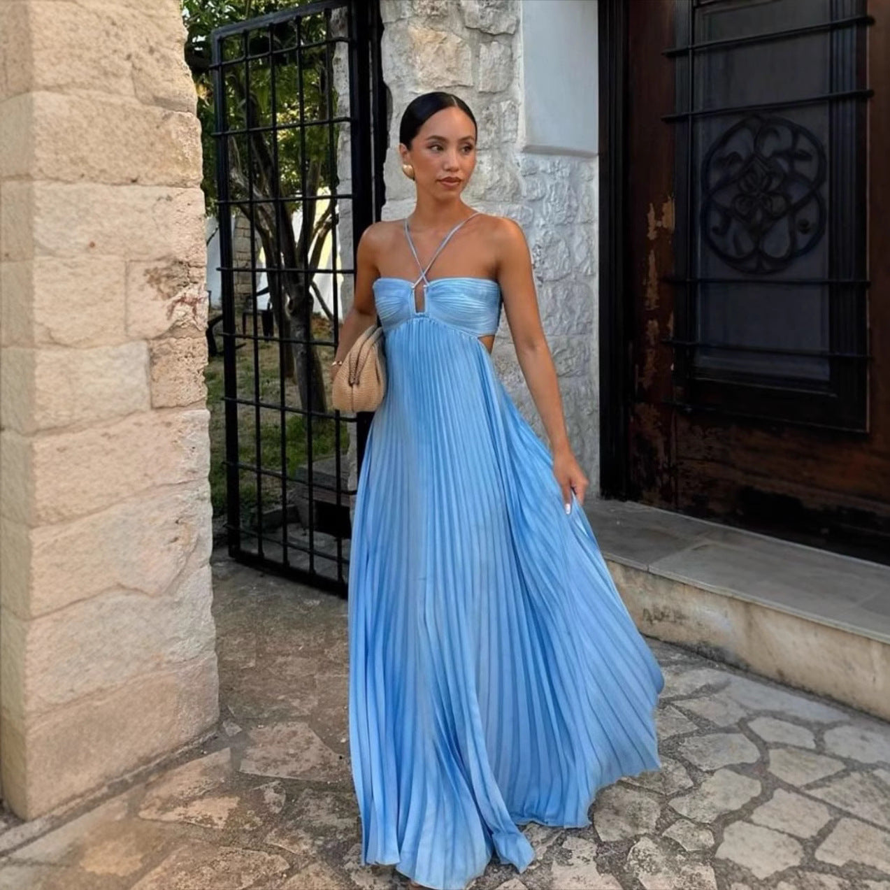 Clémence – Robe Longue Plissée à Bustier Croisé
