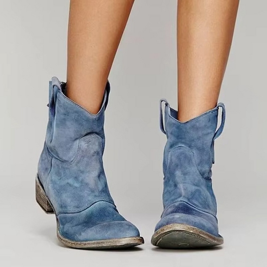 Clara Vintage Western Ankle Boots with Pointed Toe and Low Heel