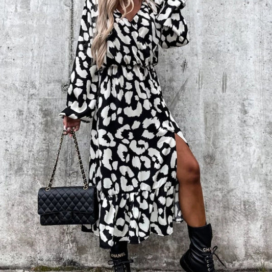Long printed split leopard dress