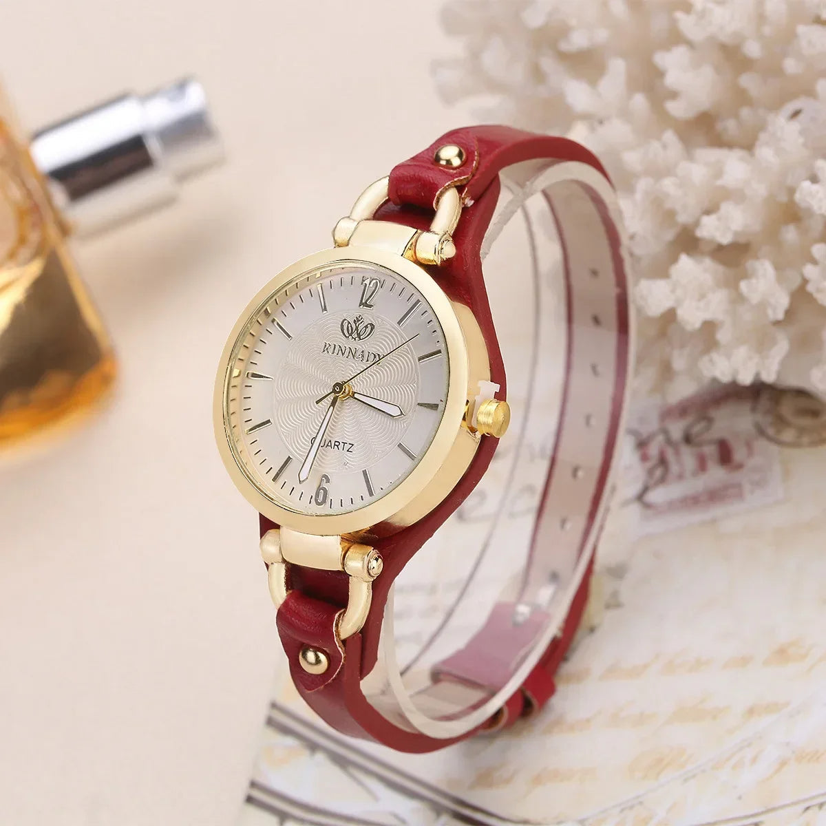 Sophie Elegant Watch in Vegan Leather and Gold Steel