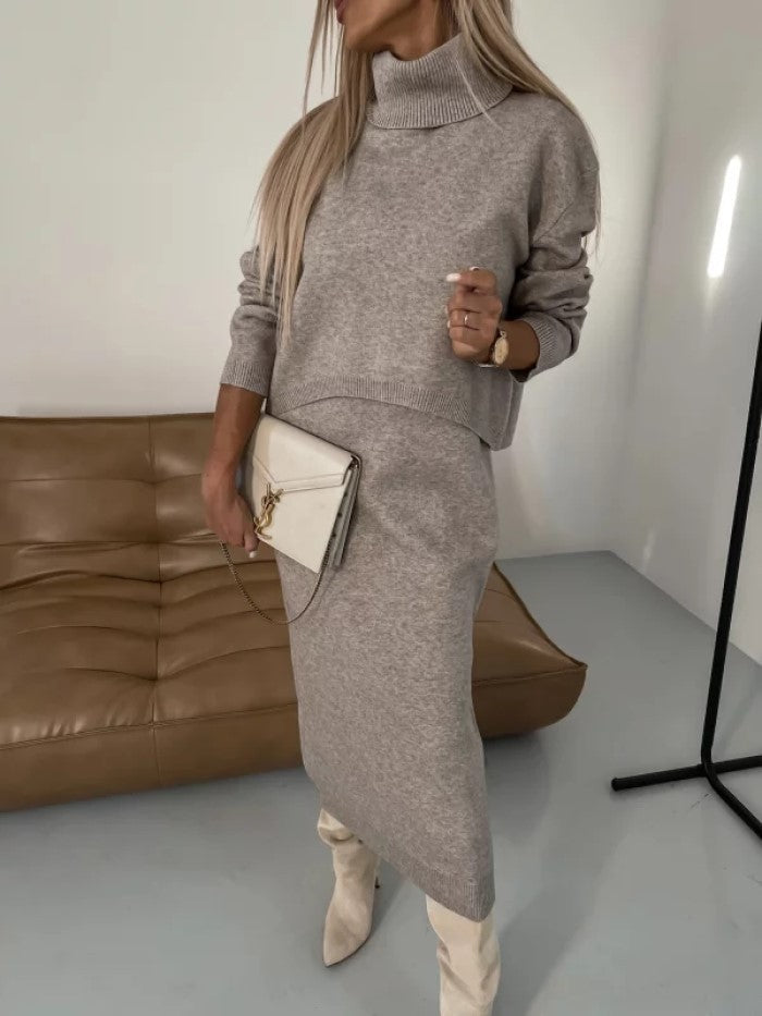 Ensemble Tricot Hiver – Pull Col Roulé & Robe Longue Sans Manches