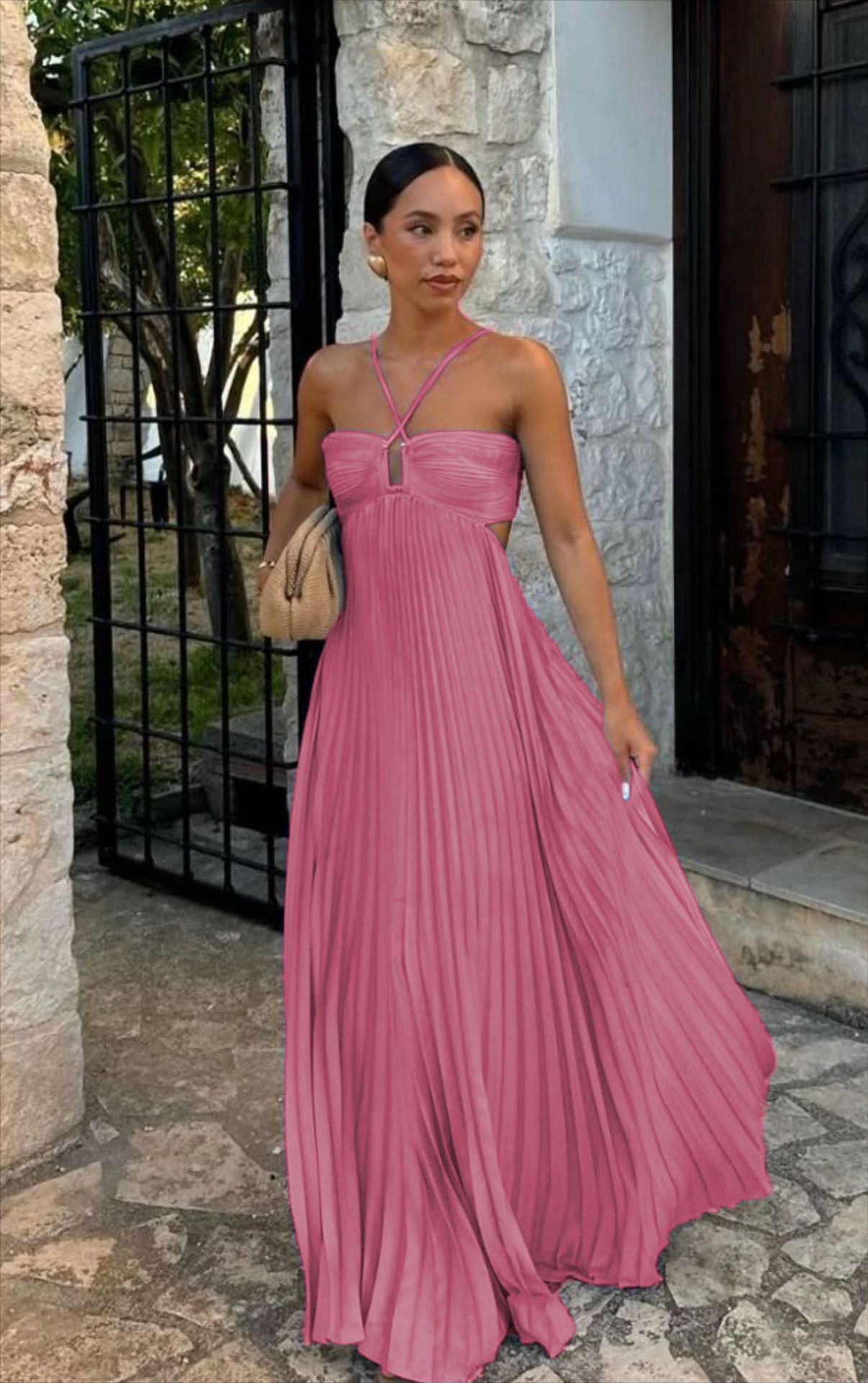 Clémence – Robe Longue Plissée à Bustier Croisé