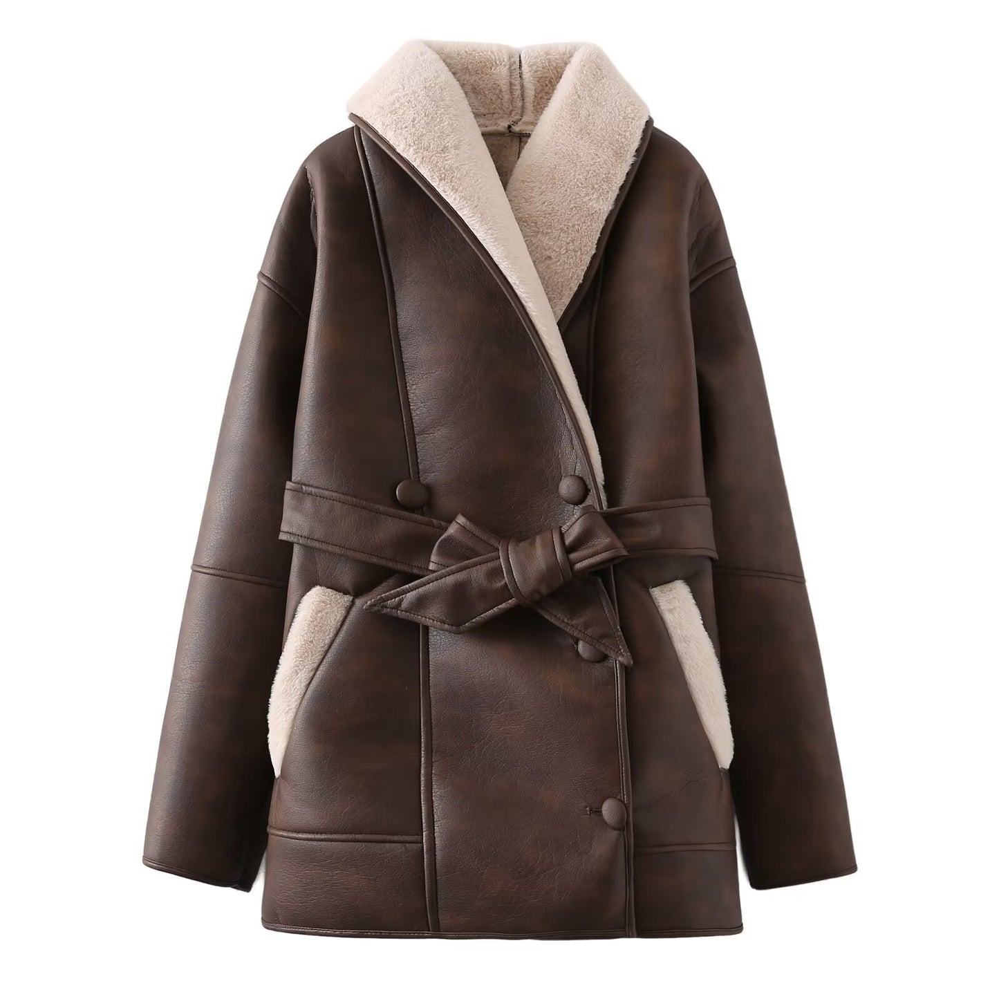 Manteau Élégance Cachemire en Cuir avec Col en Fourrure et Ceinture
