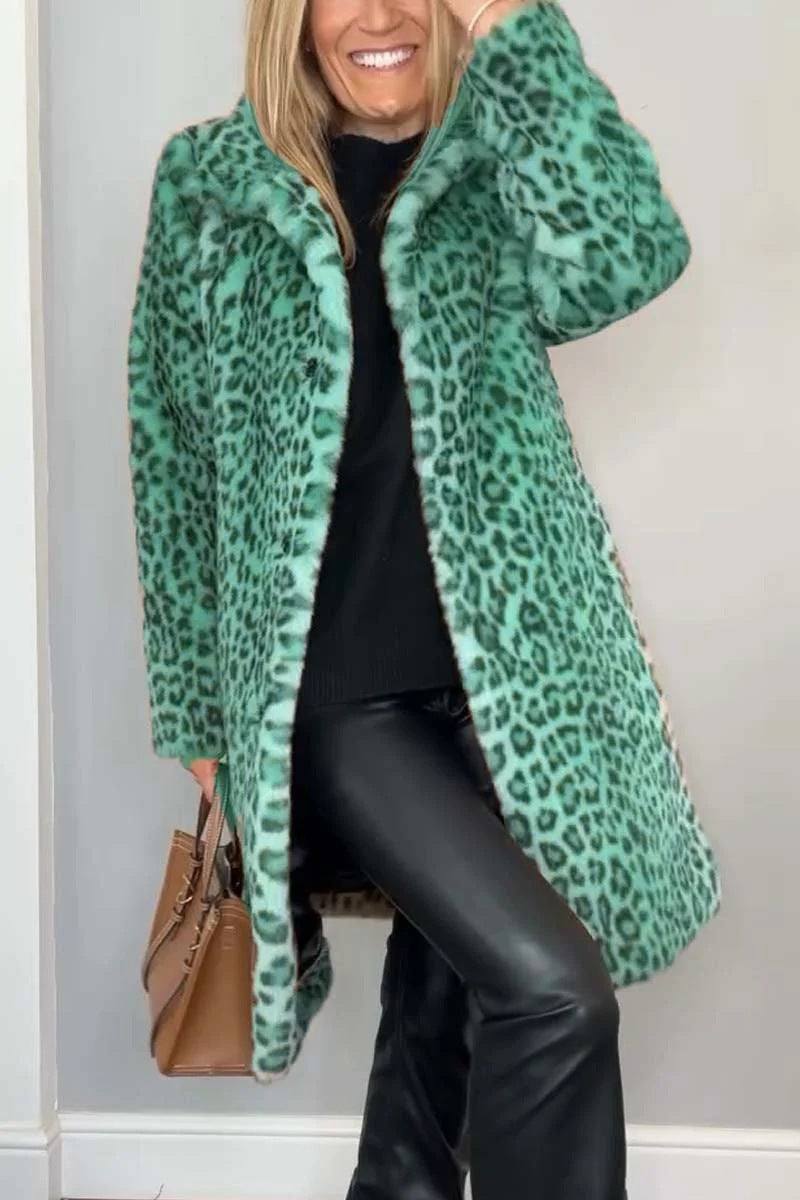 Manteau Mi-long à Imprimé Léopard en Fourrure Douce