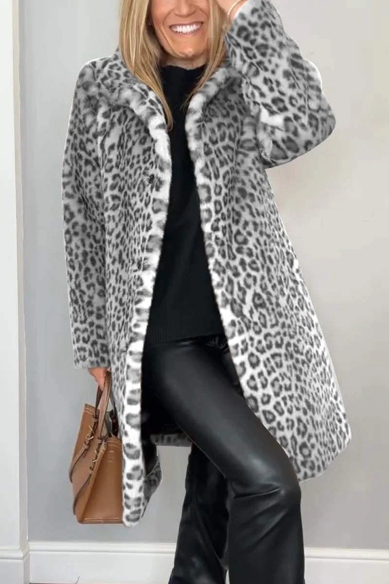 Manteau Mi-long à Imprimé Léopard en Fourrure Douce