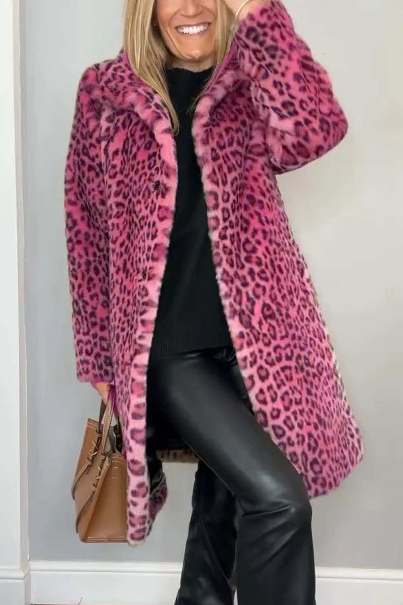 Manteau Mi-long à Imprimé Léopard en Fourrure Douce