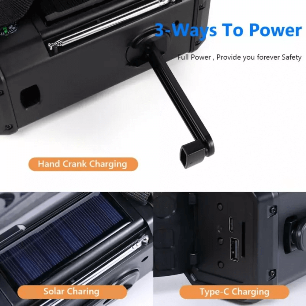 PowerMate – Radio d’Urgence 10,000mAh avec Solaire, Manivelle et Power Bank