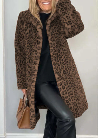 Manteau Mi-long à Imprimé Léopard en Fourrure Douce