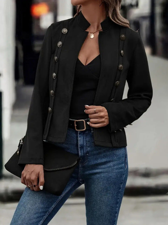 Veste Courte Double Boutonnage Rétro en Suédine