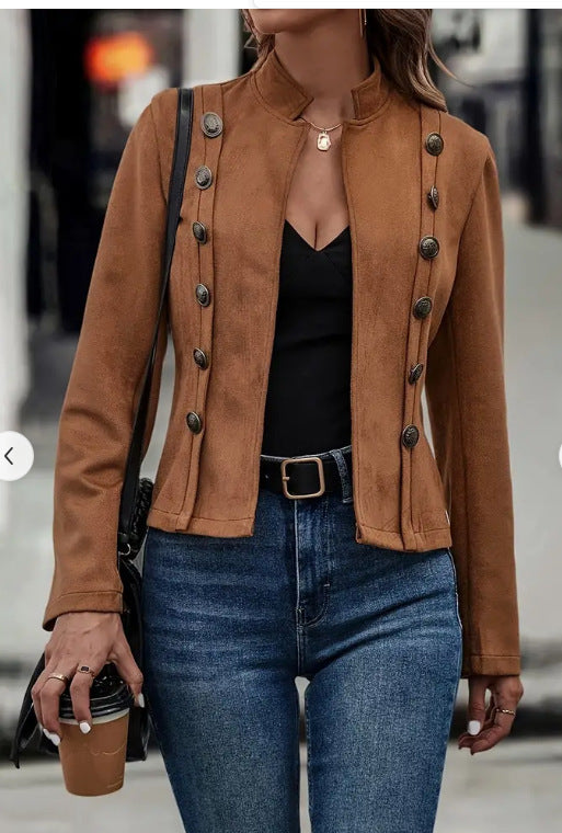 Veste Courte Double Boutonnage Rétro en Suédine