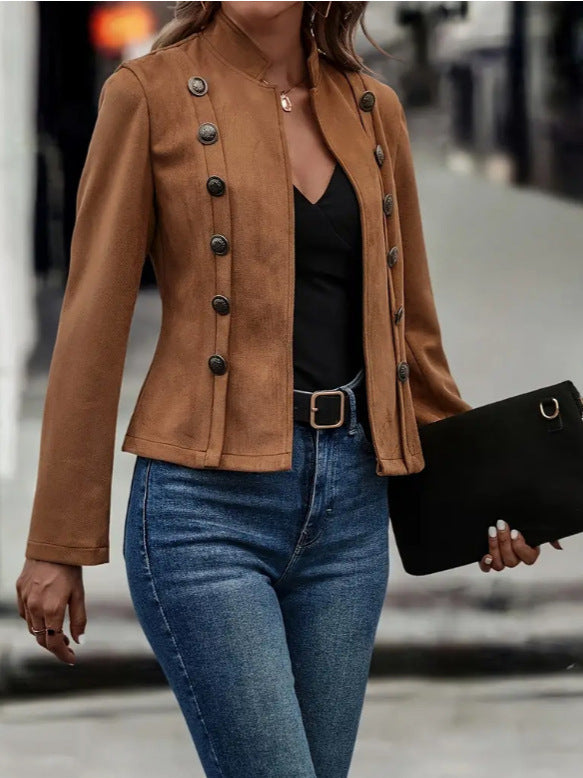 Veste Courte Double Boutonnage Rétro en Suédine