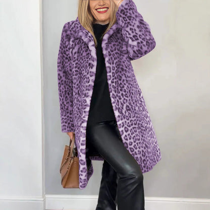 Manteau Mi-long à Imprimé Léopard en Fourrure Douce