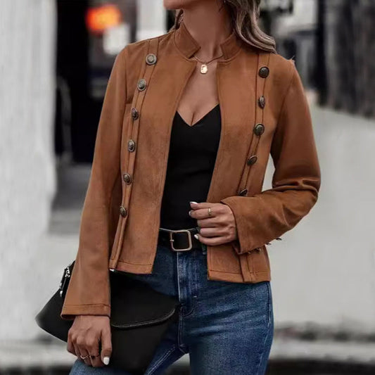 Veste Courte Double Boutonnage Rétro en Suédine