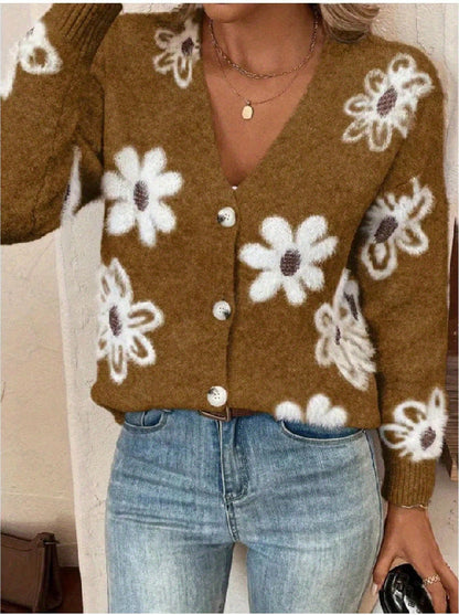 Cardigan à Boutons Imprimé Fleurs – Élégance Décontractée