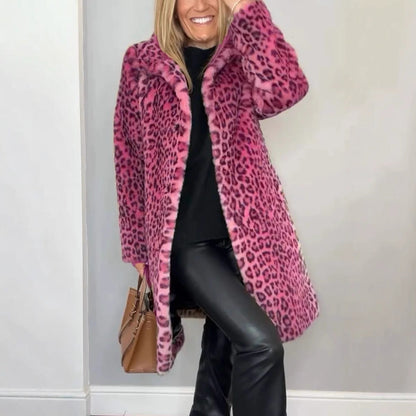 Manteau Mi-long à Imprimé Léopard en Fourrure Douce