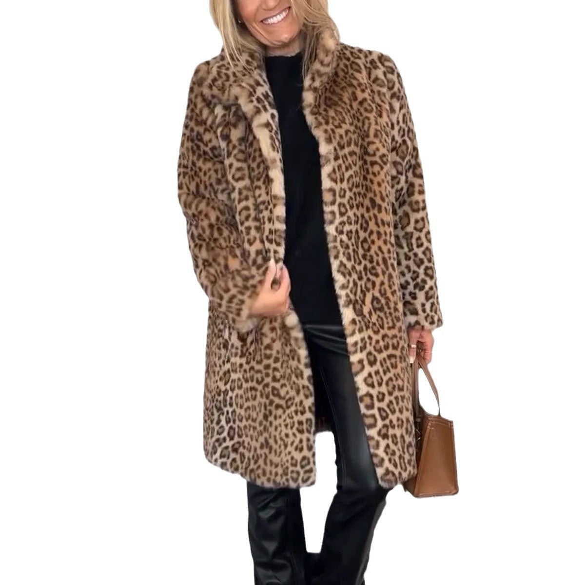 Manteau Mi-long à Imprimé Léopard en Fourrure Douce