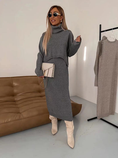 Ensemble Tricot Hiver – Pull Col Roulé & Robe Longue Sans Manches
