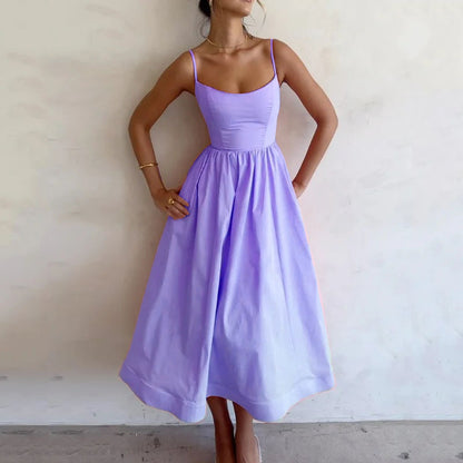 Alya – Robe Longue Évasée à Bretelles Lavande