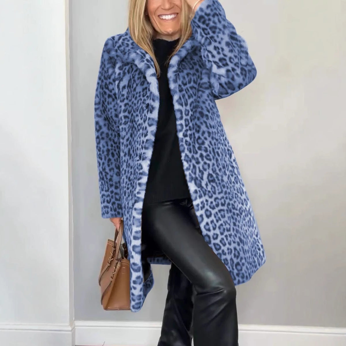 Manteau Mi-long à Imprimé Léopard en Fourrure Douce
