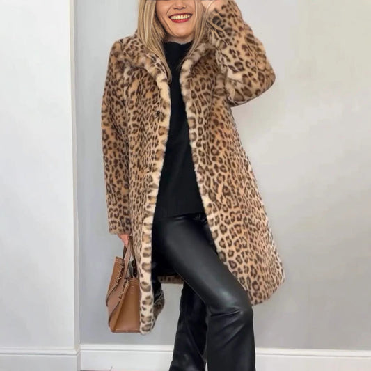 Manteau Mi-long à Imprimé Léopard en Fourrure Douce