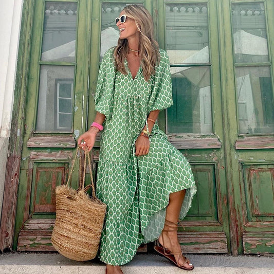 VERDE VINTAGE ROBE BOHÈME IMPRIMÉ FLORAL