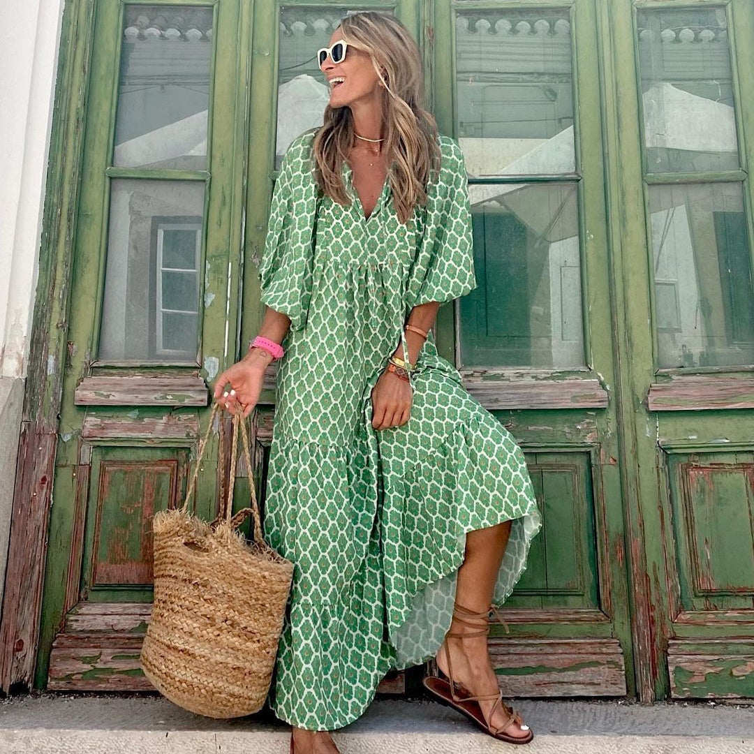 VERDE VINTAGE ROBE BOHÈME IMPRIMÉ FLORAL