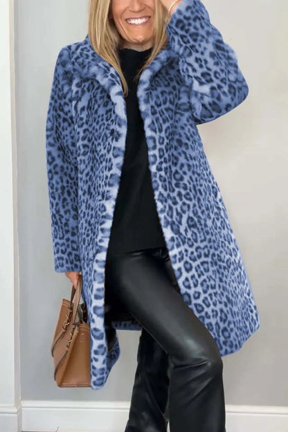Manteau Mi-long à Imprimé Léopard en Fourrure Douce