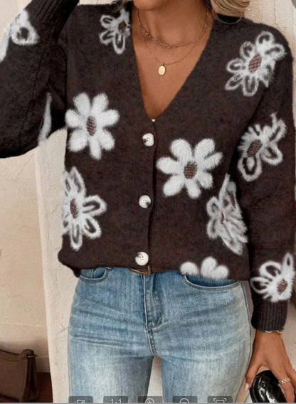 Cardigan à Boutons Imprimé Fleurs – Élégance Décontractée
