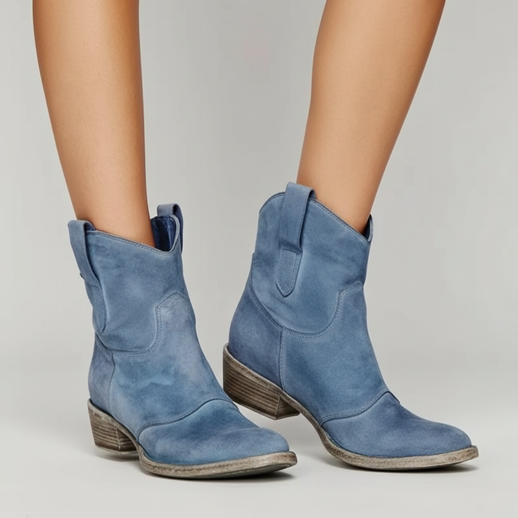 Clara Vintage Western Ankle Boots with Pointed Toe and Low Heel