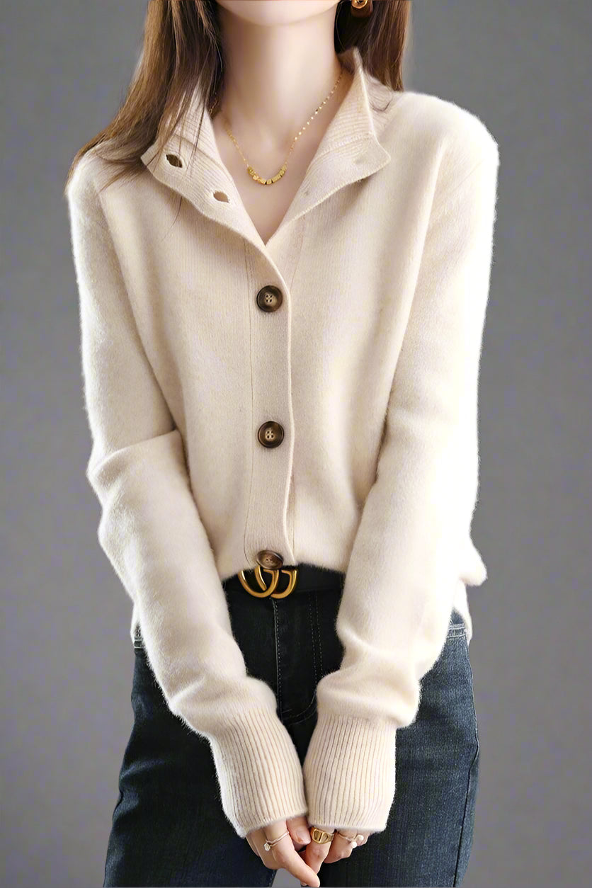 Camille Buttoned Wool Sweater Jacket with Signature Design
