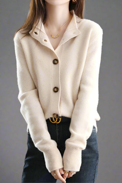 Camille Buttoned Wool Sweater Jacket with Signature Design