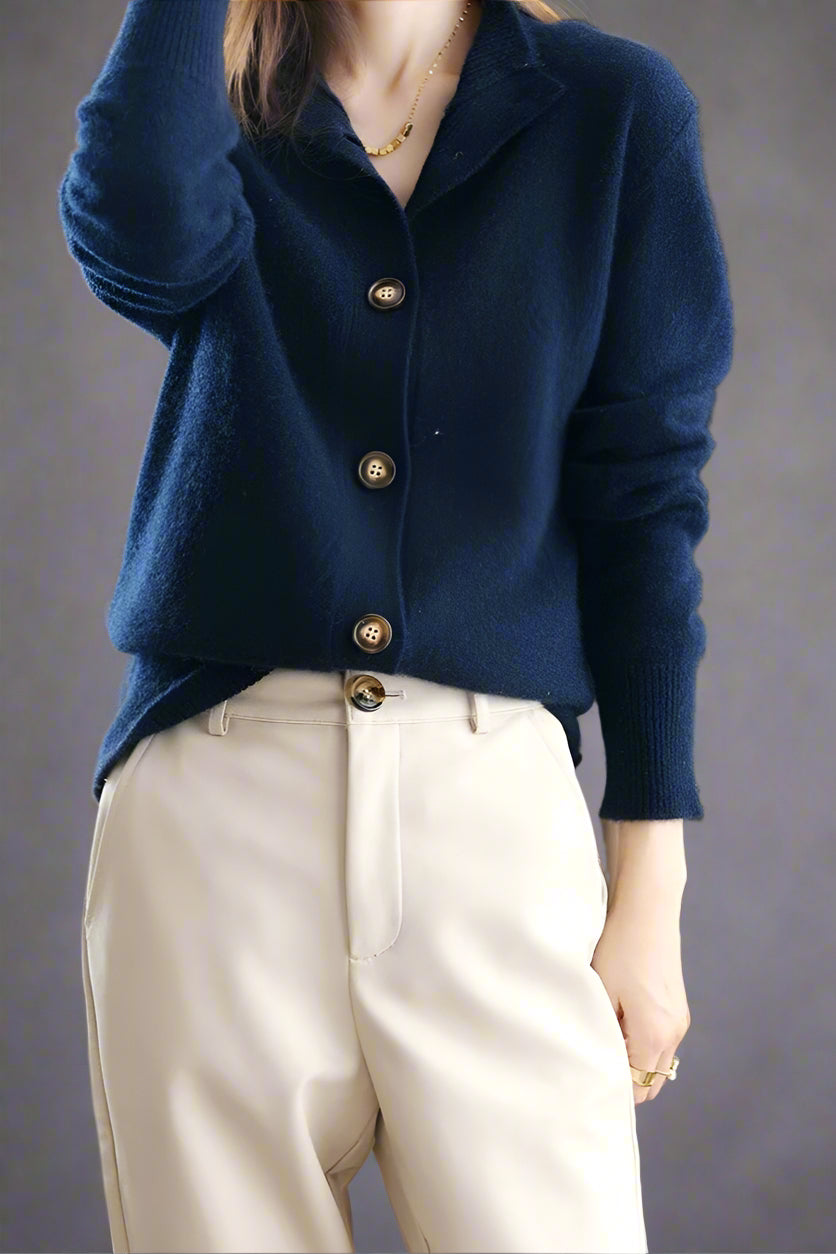 Camille Buttoned Wool Sweater Jacket with Signature Design