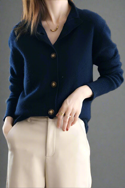Camille Buttoned Wool Sweater Jacket with Signature Design