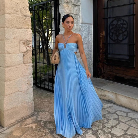 Clémence – Robe Longue Plissée à Bustier Croisé