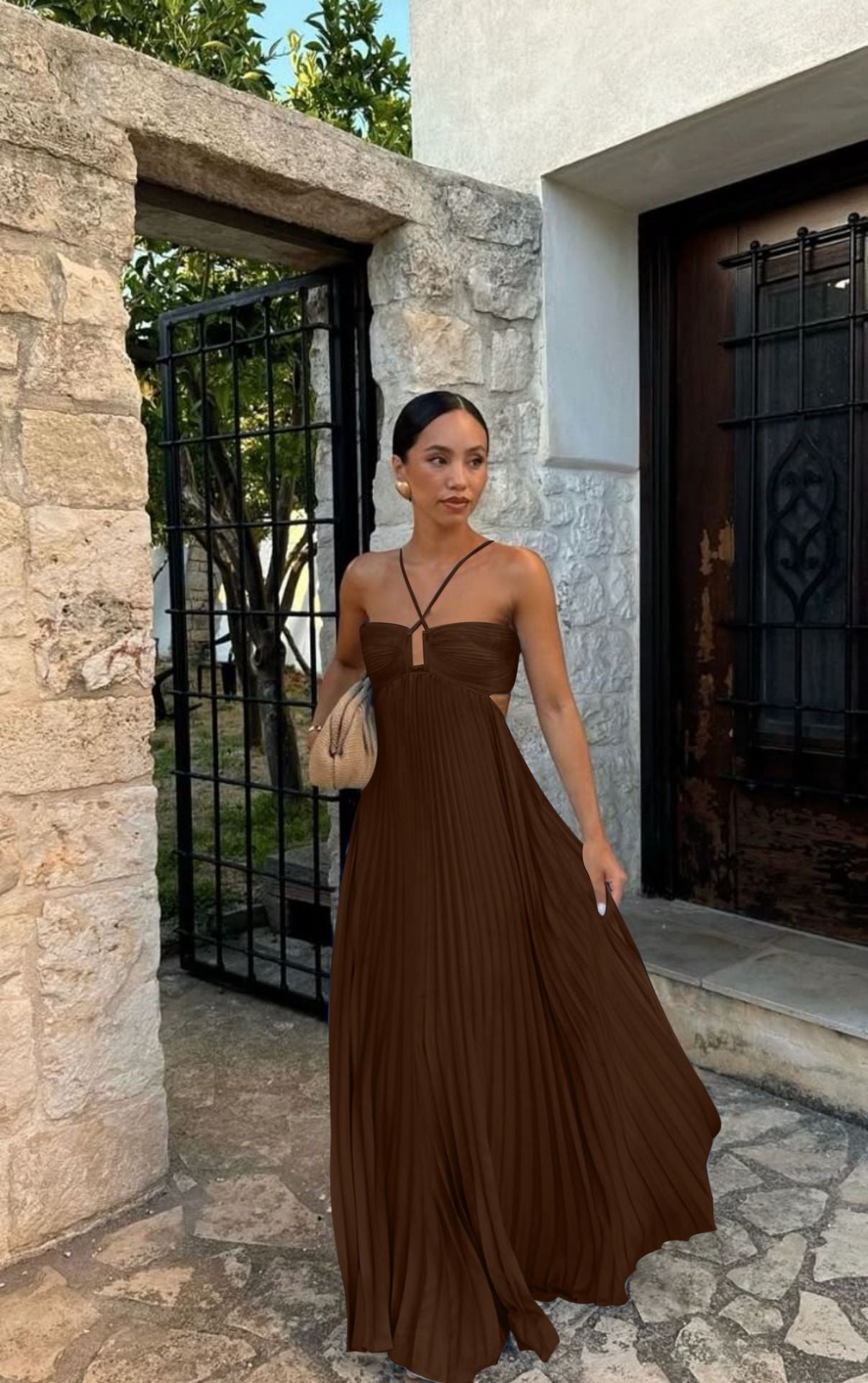 Clémence – Robe Longue Plissée à Bustier Croisé