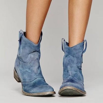 Clara Vintage Western Ankle Boots with Pointed Toe and Low Heel
