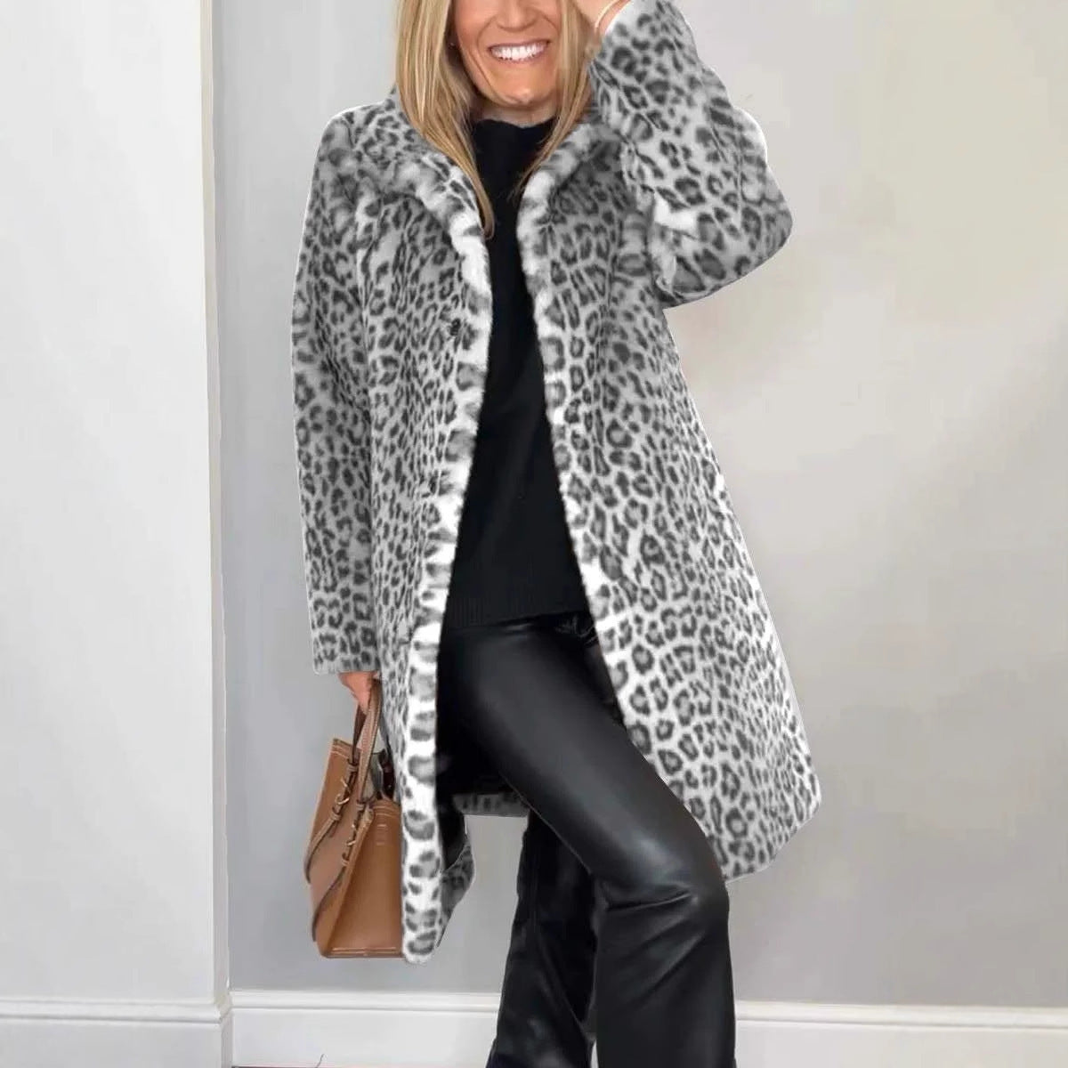 Manteau Mi-long à Imprimé Léopard en Fourrure Douce