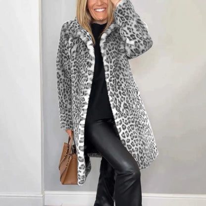 Manteau Mi-long à Imprimé Léopard en Fourrure Douce