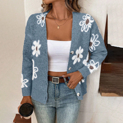 Cardigan à Boutons Imprimé Fleurs – Élégance Décontractée