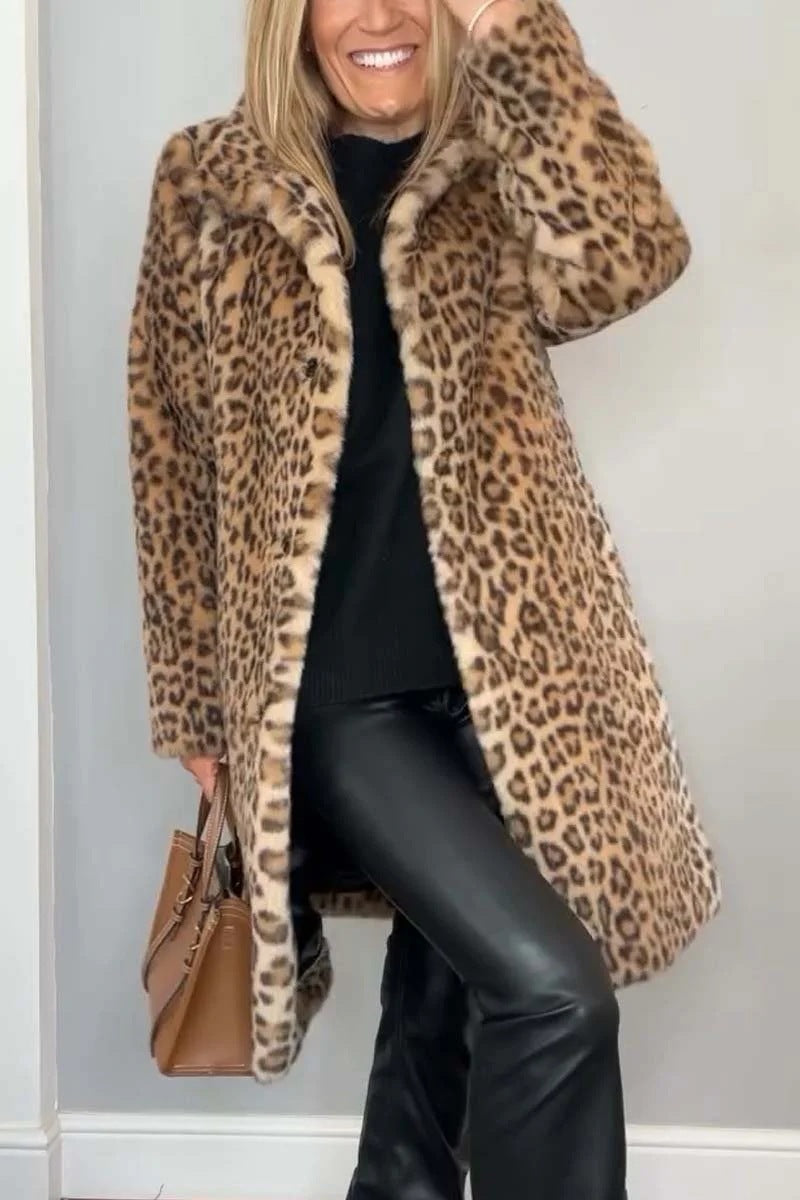 Manteau Mi-long à Imprimé Léopard en Fourrure Douce